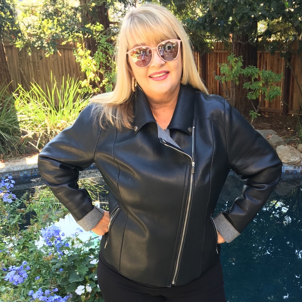Black faux leather moto style jacket.